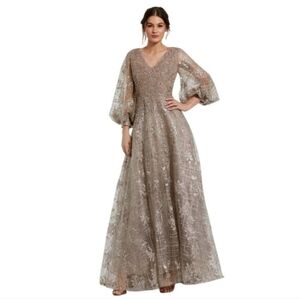 Mac Duggal size 20 Biege Embellished Plunge Neck Puff Bishop Sleeve Dress 20283